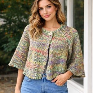 Women’s Chunky Cropped Boxy Boho Cardigan Sweater Short Sleeve Size Large Petite